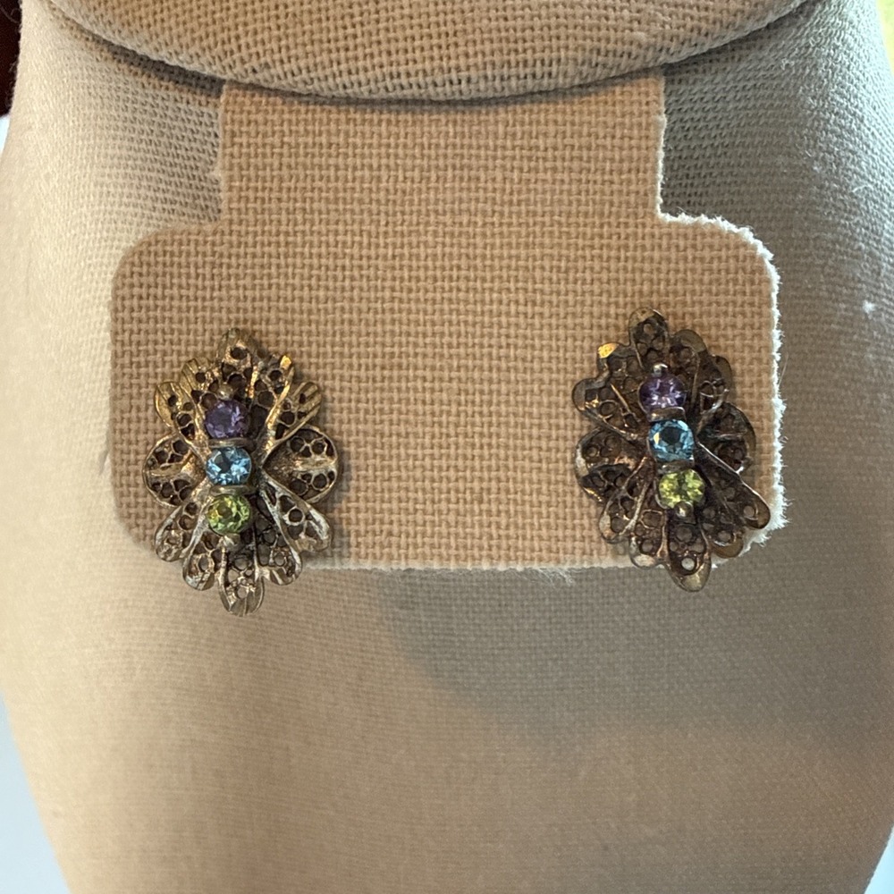 VTG Silver Spun Filigree Stud Earrings Multi Color Stones Sterling 925 Pierced